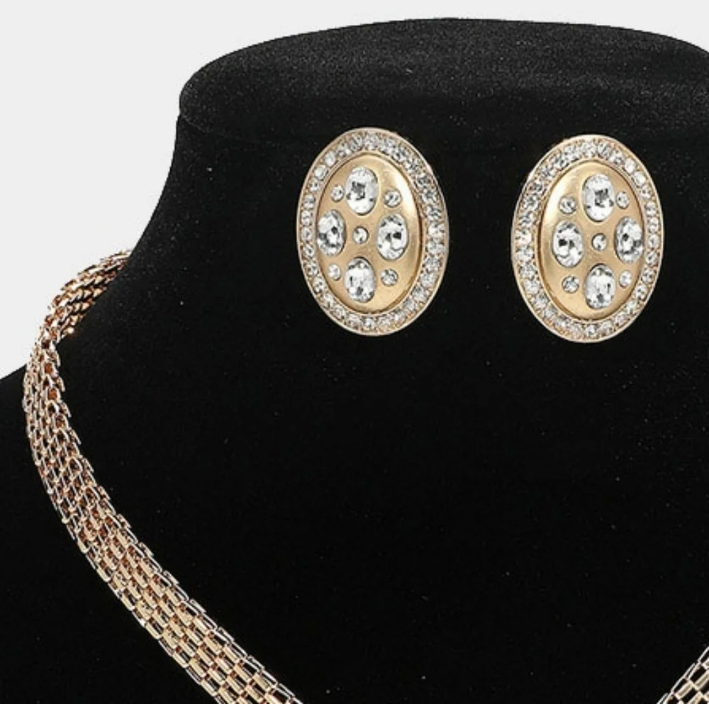 Gold 3 Piece Oval Pendant Marquise Rhinestone Trim Necklace Formal Jewelry Set
